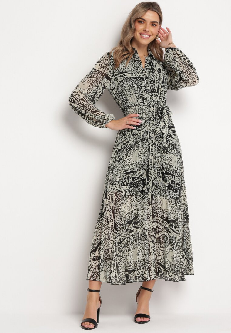 Rochie Bej-Negru Evazată cu cordon Gylten