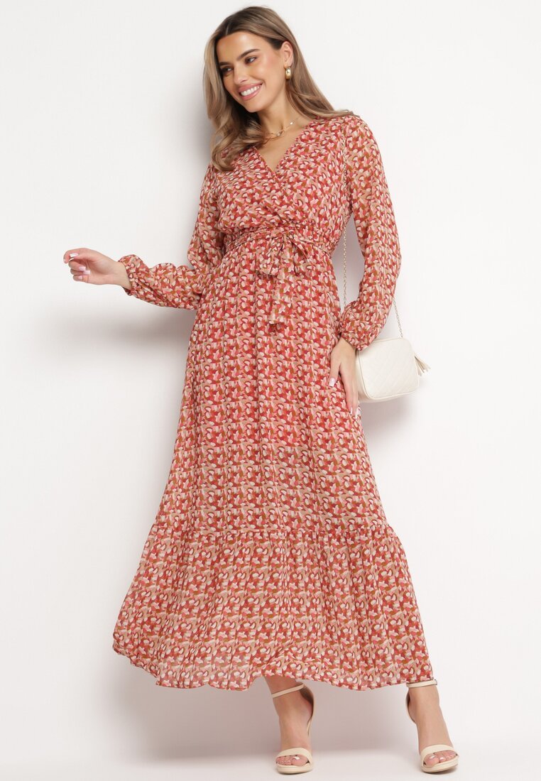 Rochie Petrecută Roșu-Roz cu Volan și Cordon Luftare