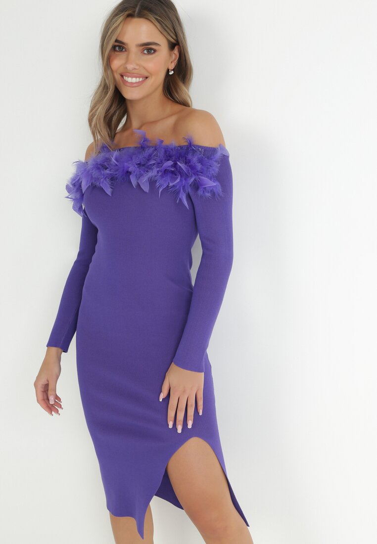 Rochie Violet închis Tricotată cu Pene Preta