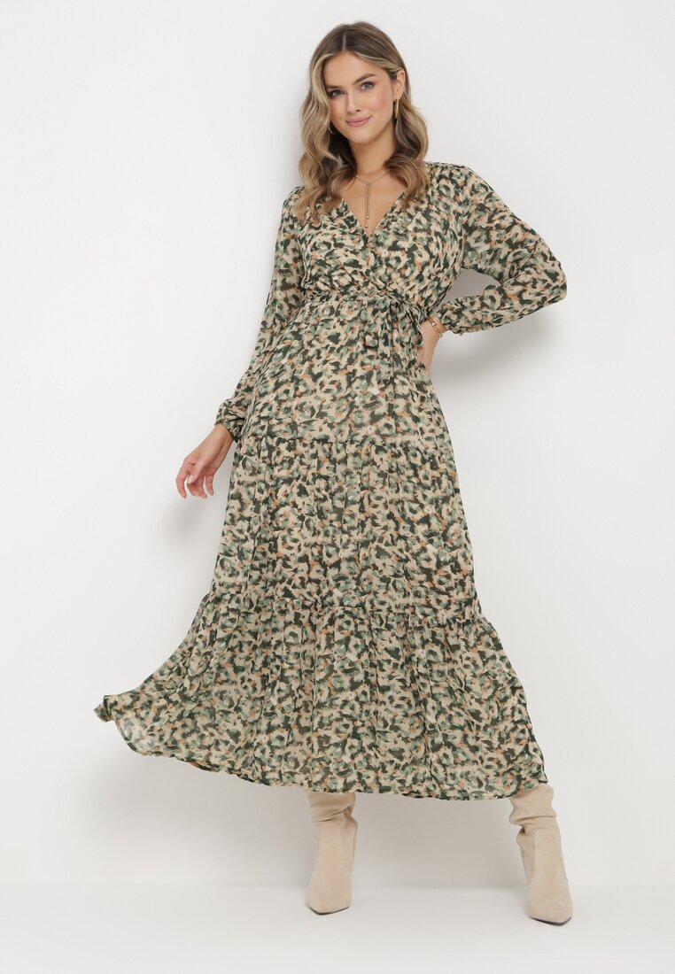 Rochie Verde cu decolteu tip plic cu imprimeu leopard Conneie