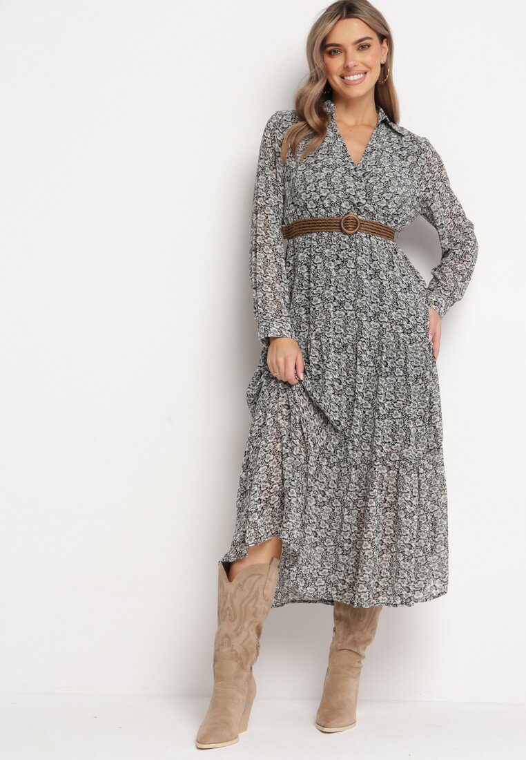 Rochie Albă-Neagră Cloș cu flori cu curea Khito