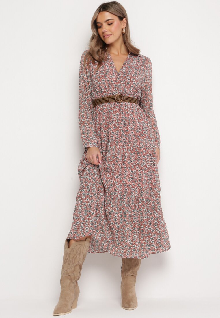 Rochie Roz Cloș cu flori cu curea Khito