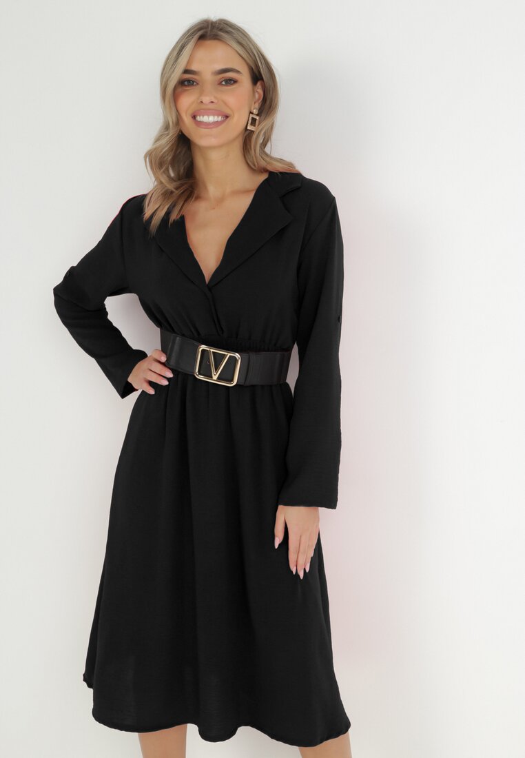 Rochie cămașă neagră cu elastic încrețit în talie Emonia