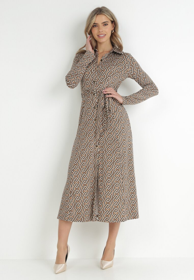 Rochie tip cămașă bej cu centură legată Farima