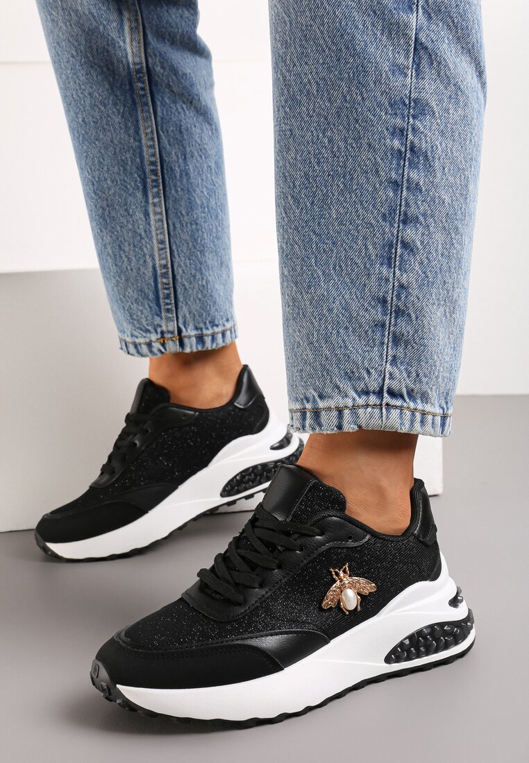 Sneakers Negri cu sclipici cu Talpă Groasă Naono