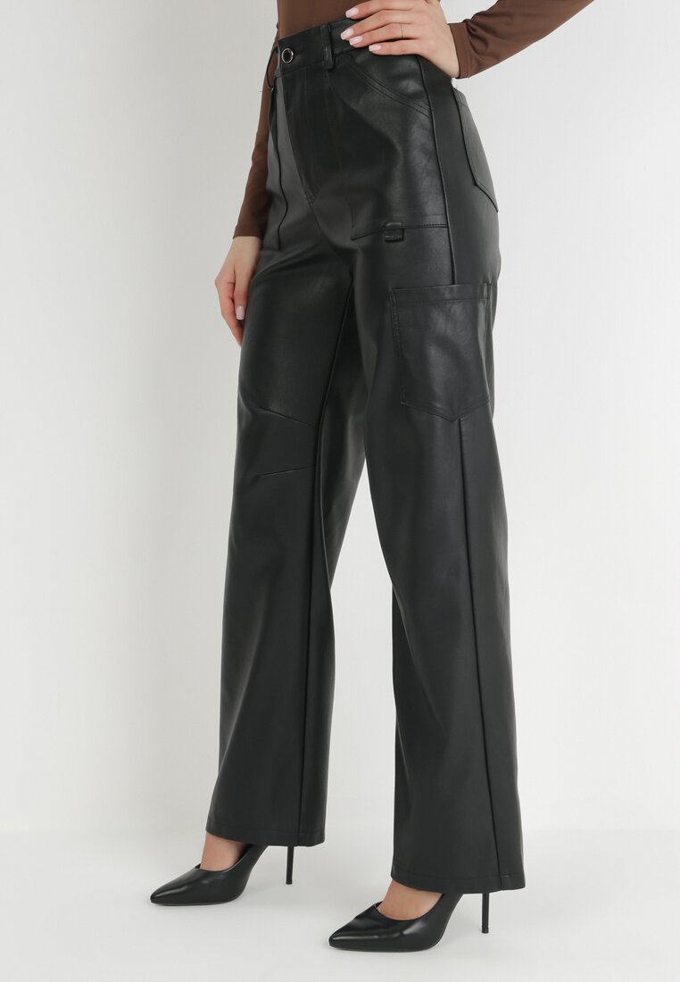 Pantaloni negri largi din imitație de piele Ononi
