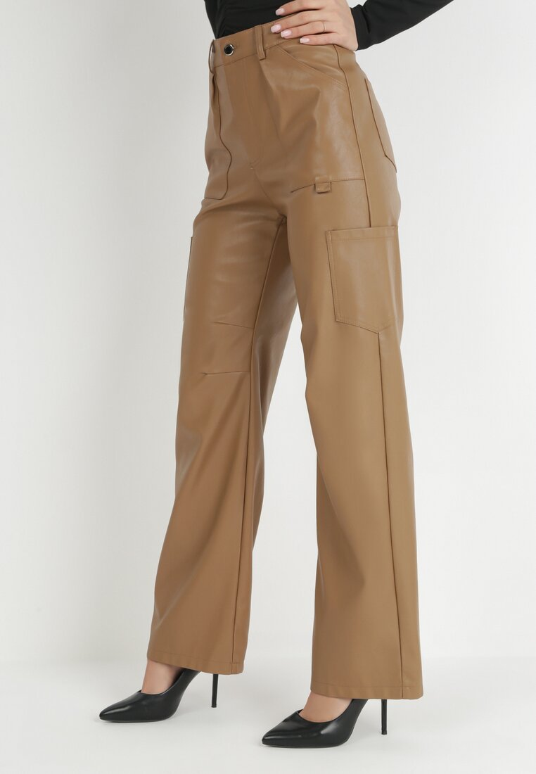 Pantaloni Bej închis Largi din Imitație de Piele Ononi