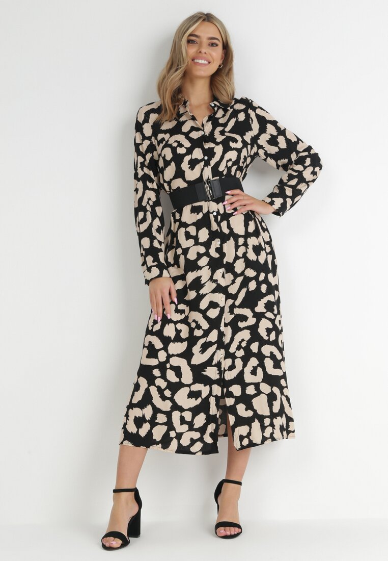 Rochie-cămașă Neagră cu imprimeu leopard cu curea Kalandra