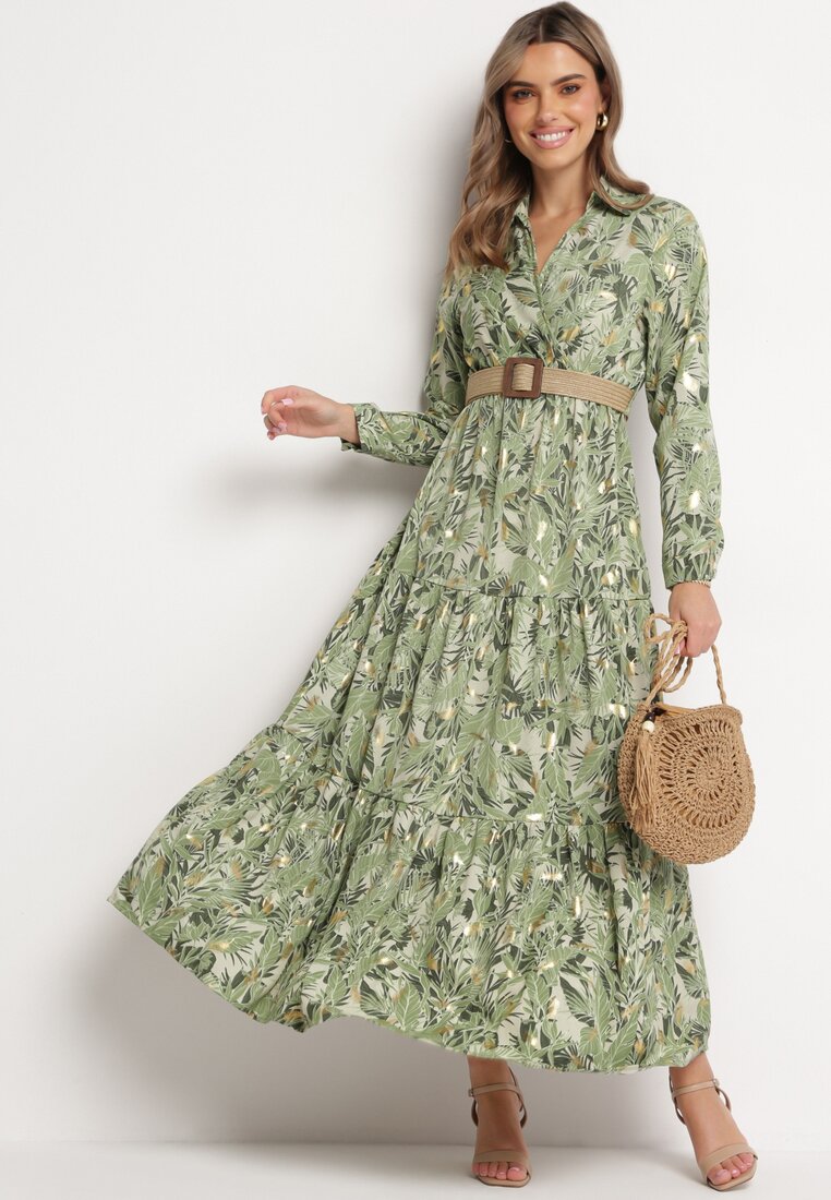 Rochie Verde deschis cu model vegetal și Curea împletită Nouylas