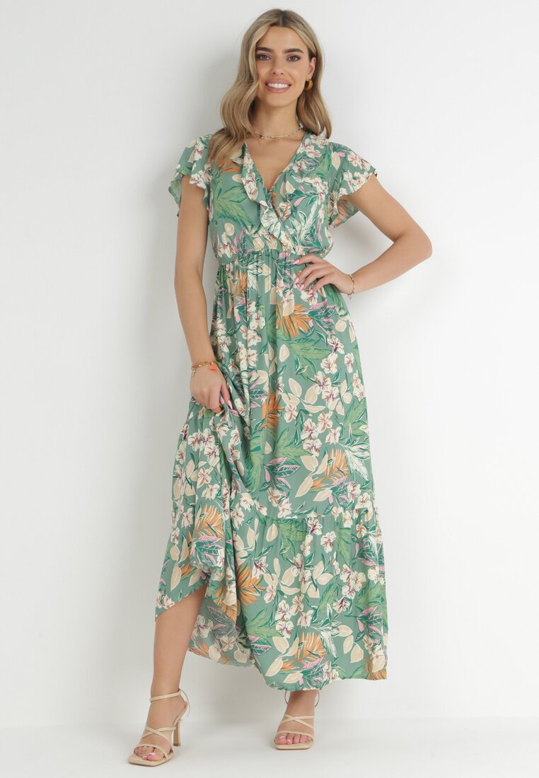 Rochie Verde cu flori din viscoză cu decolteu petrecut Narma