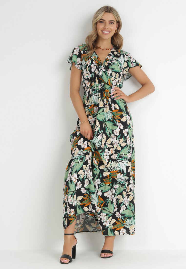 Rochie Verde-Negru cu Flori din Viscoză cu Decolteu Plic Narma