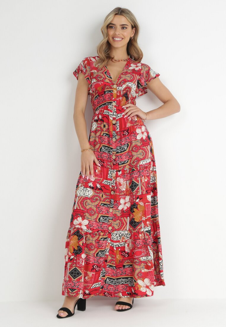 Rochie roșie Maxi din Viscoză cu Elastic în Talie și Nasturi Nyllu