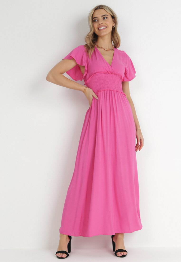 Rochie Fucsia petrecută din viscoză cu elastic în talie Neroni