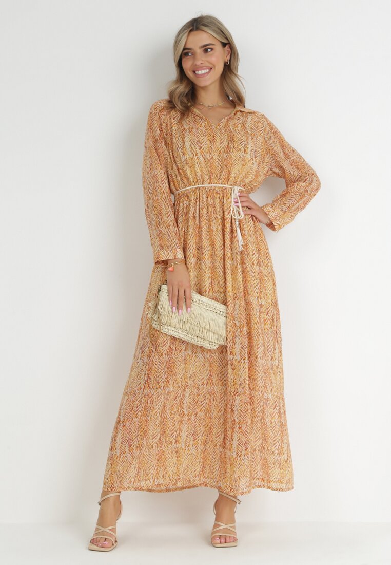 Rochie Maxi Portocalie-Galbenă cu Ață Decorativă și Elastic în Talie Sarvehe