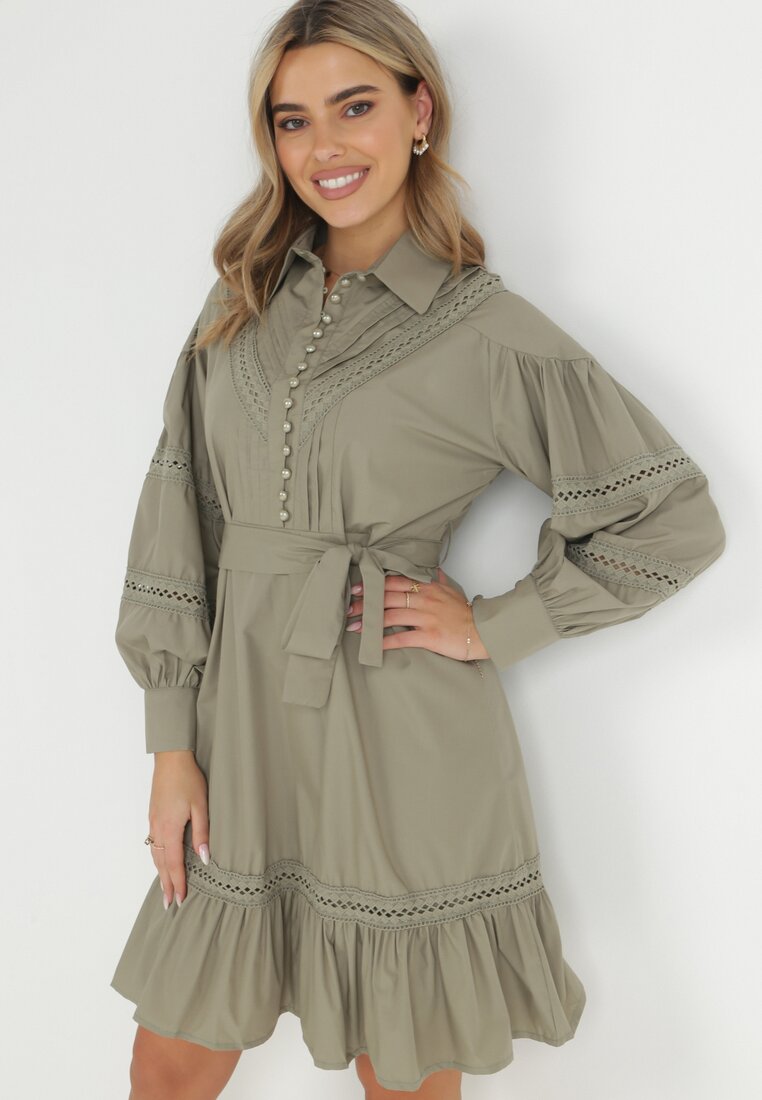 Rochie Verde închis tip cămașă cu mânecă bufantă și inserții perforate Staples