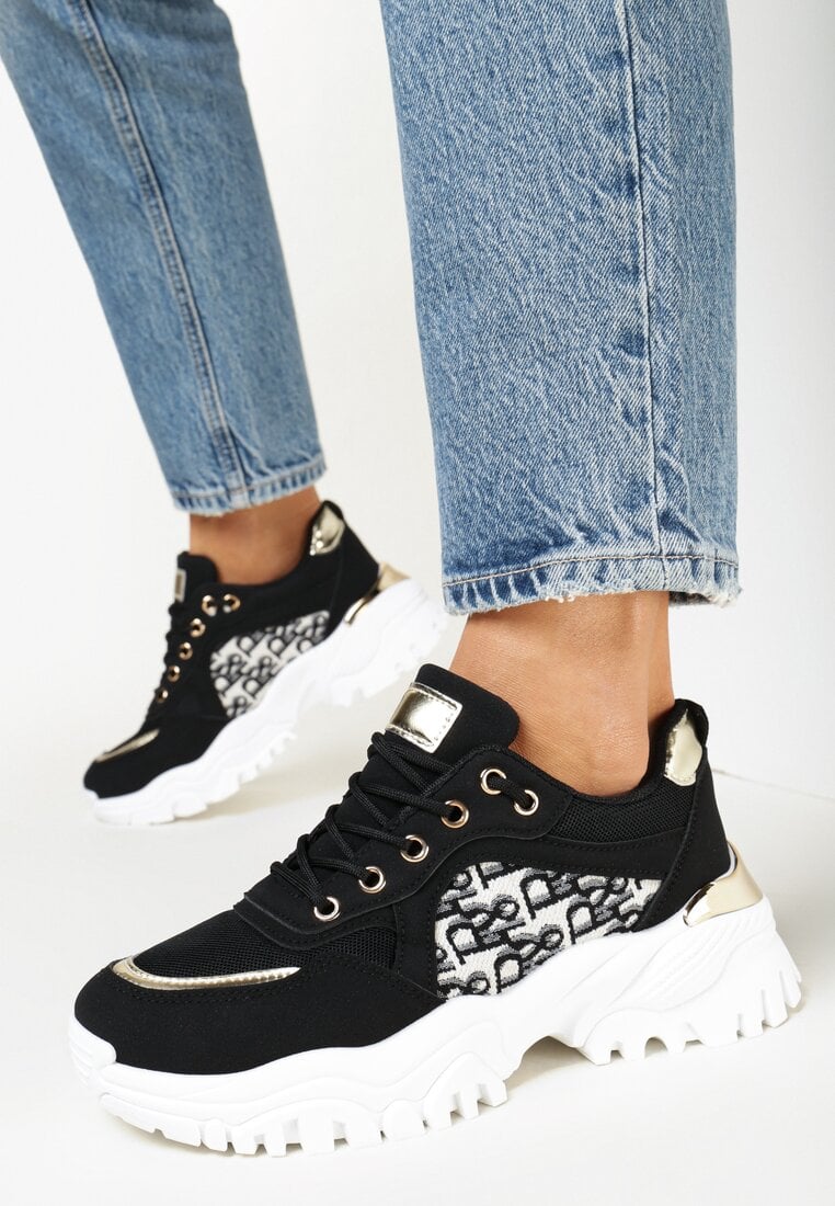 Adidași Negri cu Talpă Groasă cu Inserții Sassaria