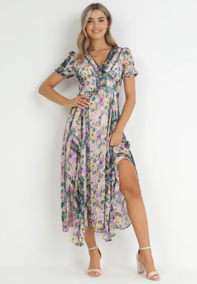 Rochie Bej-Verde Maxi cu tiv asimetric florală Angla