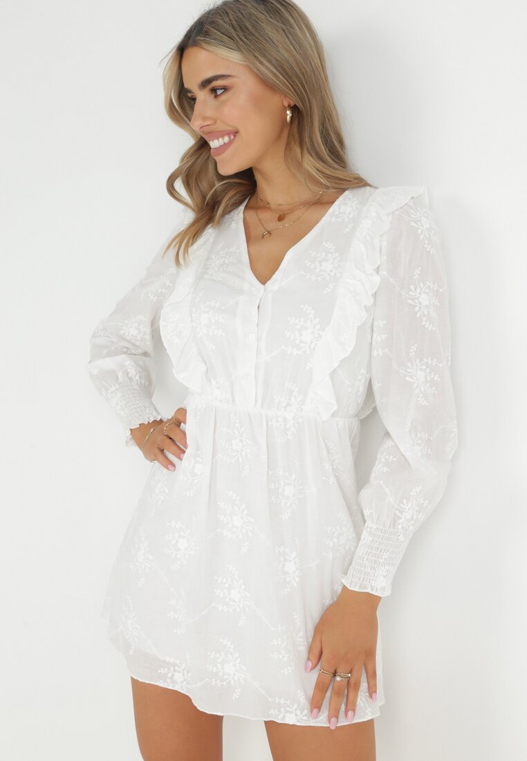 Rochie Albă din Țesătură Brodată cu elastic în talie Micromi