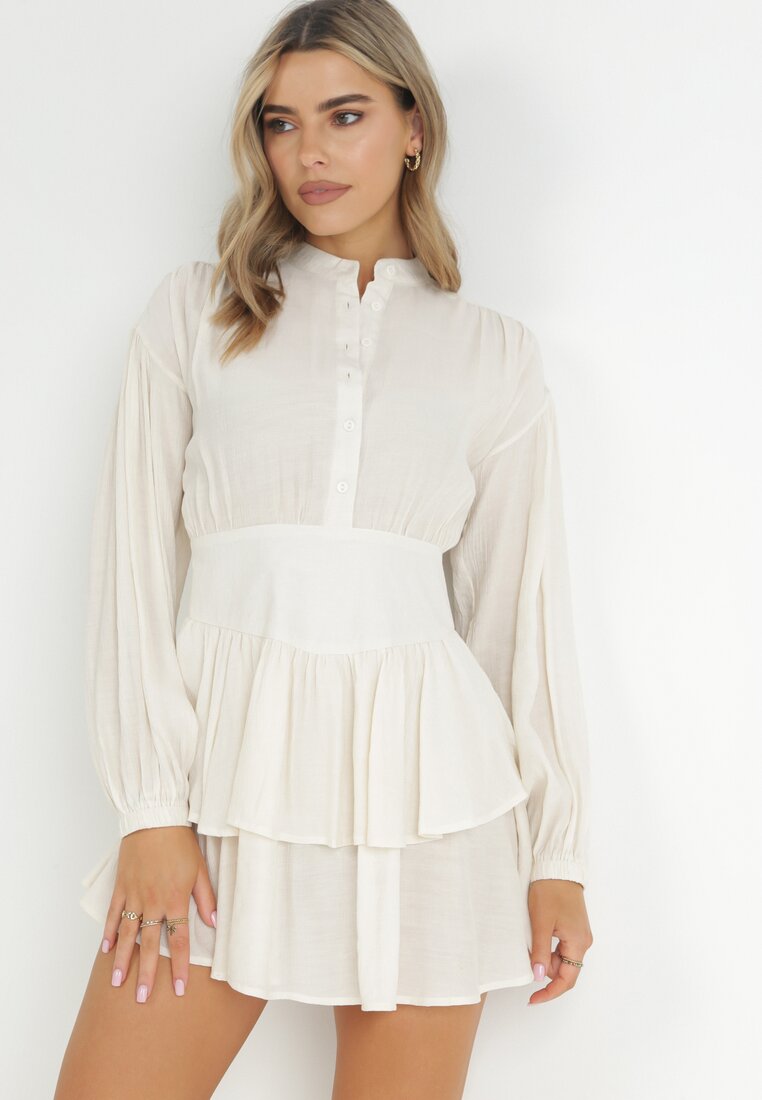 Rochie Bej Mini cu Volan și Nasturi Othia