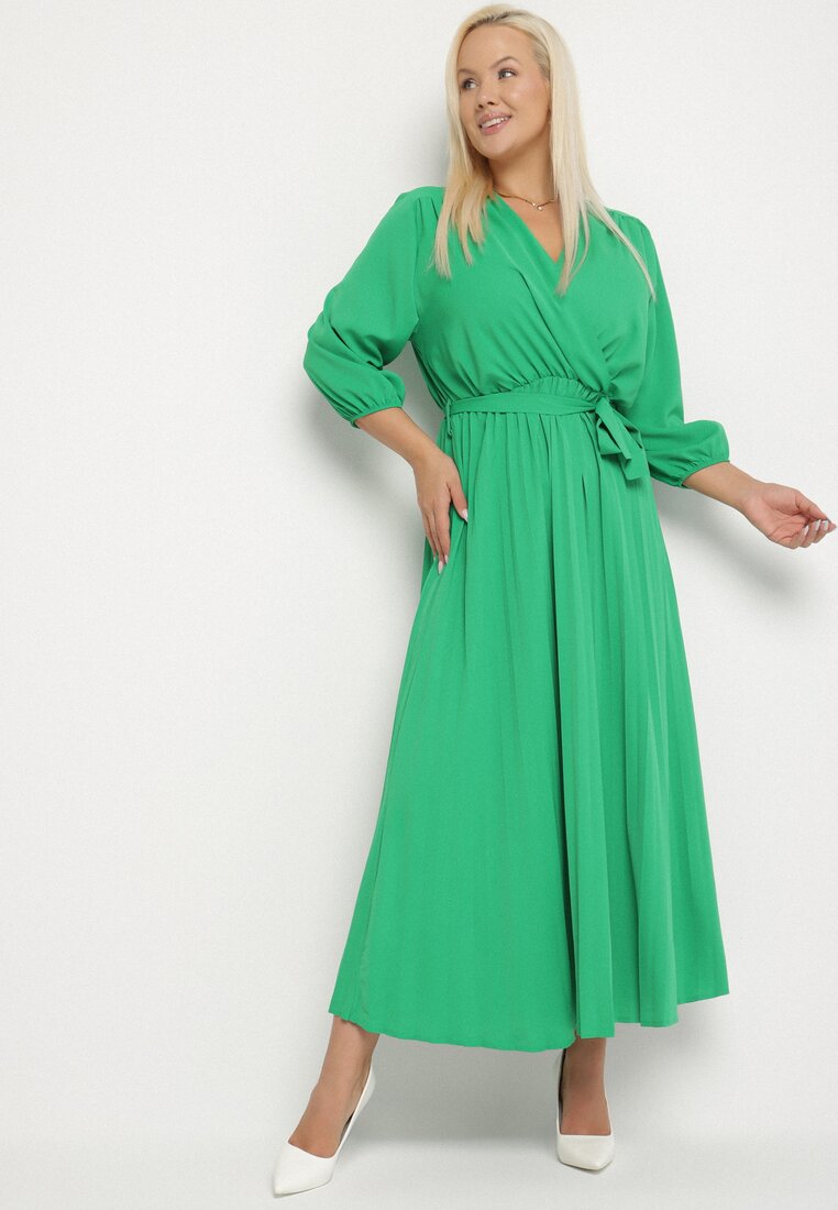 Rochie Verde Plisată Maxi cu Decolteu petrecut și Cordon în talie Lariah