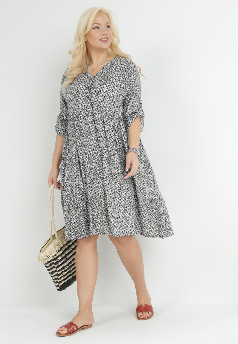 Rochie Cloș Neagră cu Volan și Mâneci Suflecate Arilanie