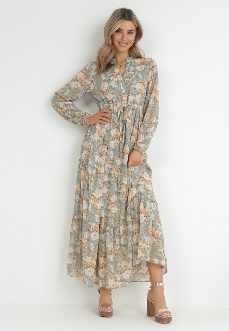 Rochie Verde deschisă Evazată Maxi cu Fir Sclipitor și Șnur Galiasa