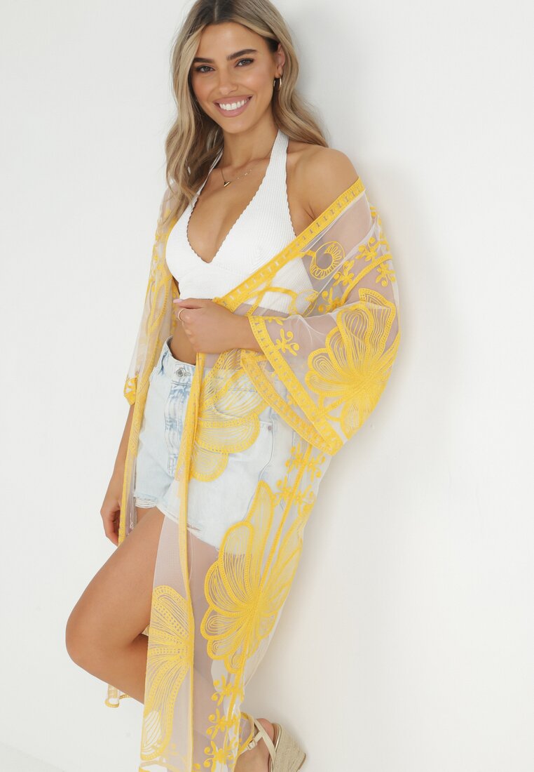 Pelerină Galbenă din Plasă Brodată cu Mâneci Largi Shwe