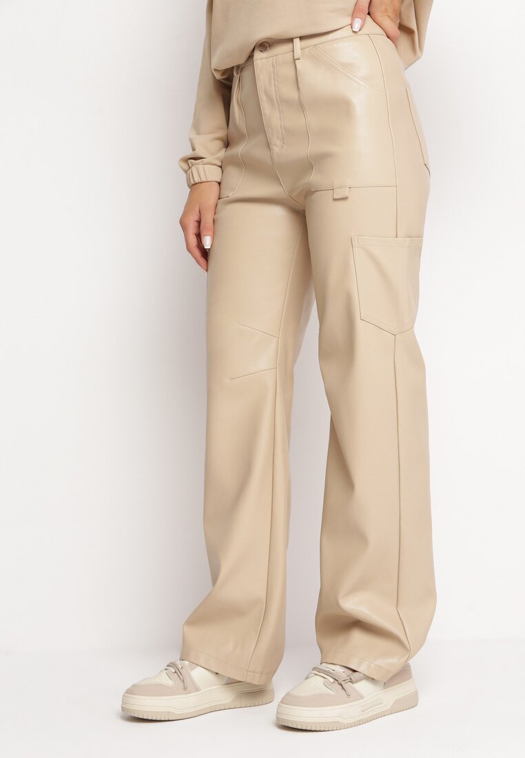 Pantaloni Bej deschis Largi din Imitație de Piele Ononi