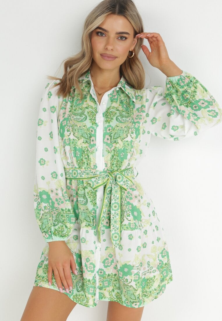 Rochie tip cămașă verde deschis cu nasturi și elastic în talie Melija