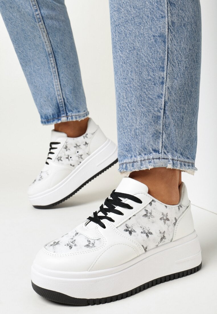 Adidași Albi și Negri pe platformă decorați cu imprimeu flori Alilena