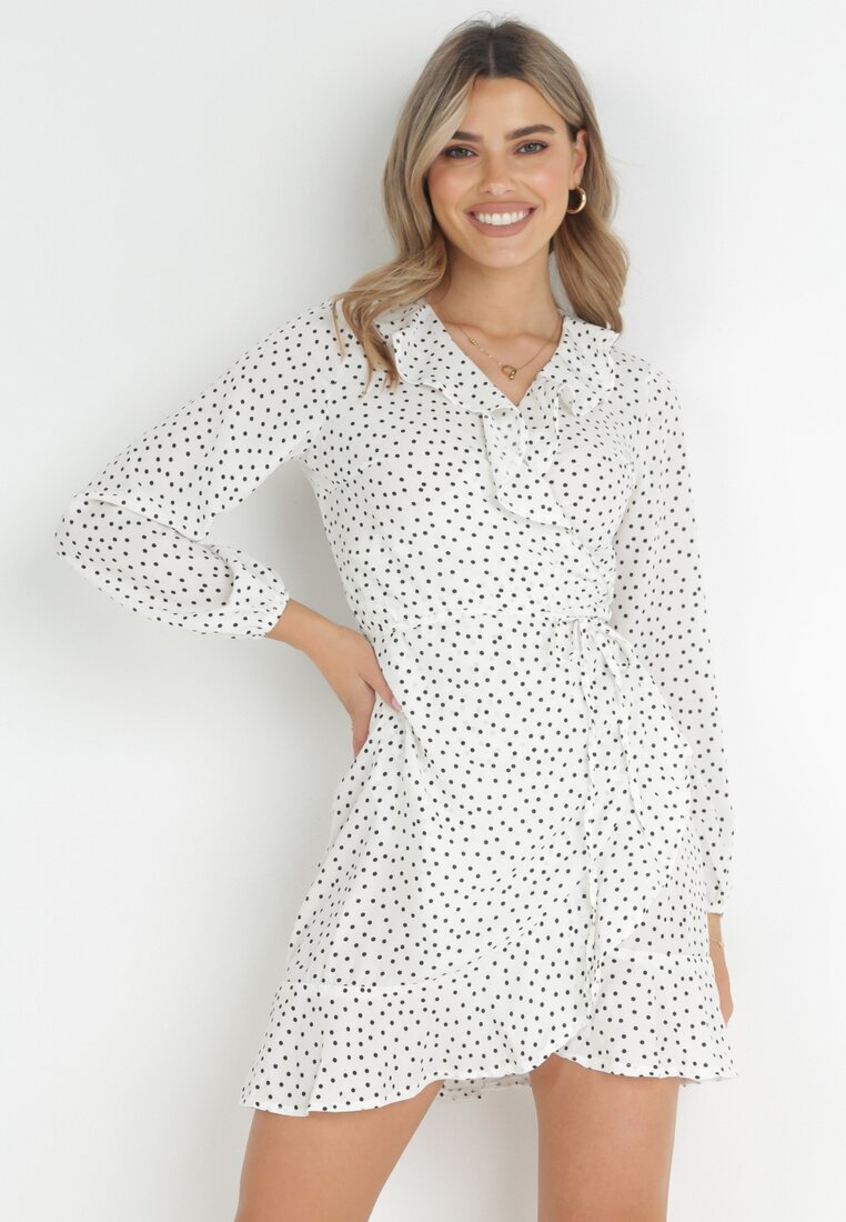 Rochie Albă tip plic cu volane cu buline Bamia