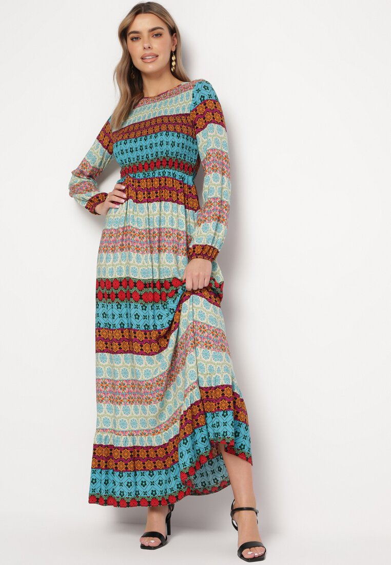 Rochie Albastru-Roșu Maxi cu Top Încrețit și Mânecă Lungă Haari