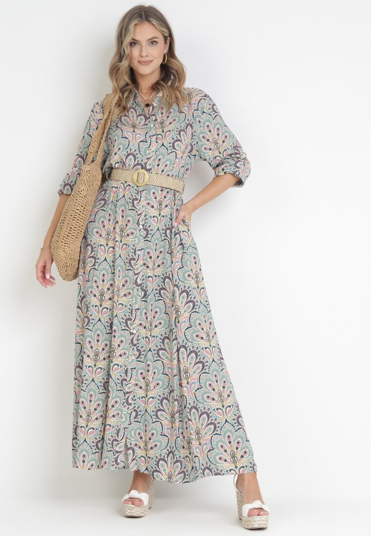 Rochie Roz-Mentă cu Nasturi și Curea Împletită cu Cataramă Aralty