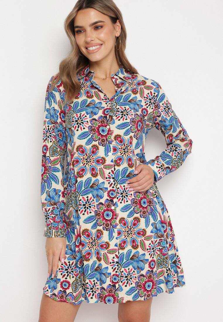 Rochie Cămașă Albastră Florală cu Buzunare Eborene