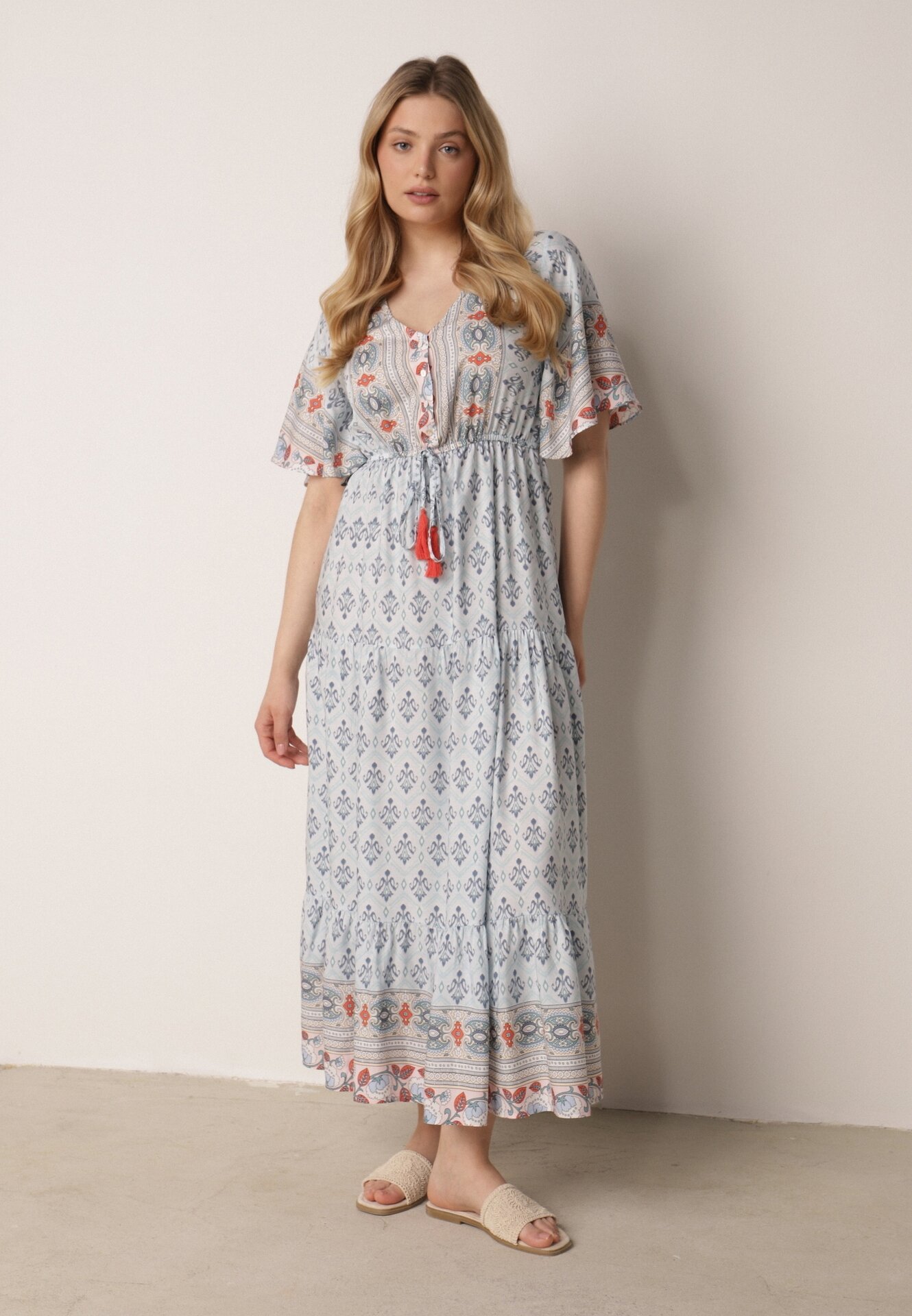 Rochie Albastru deschis Maxi cu elastic și șnur cu ciucuri în talie Maryse