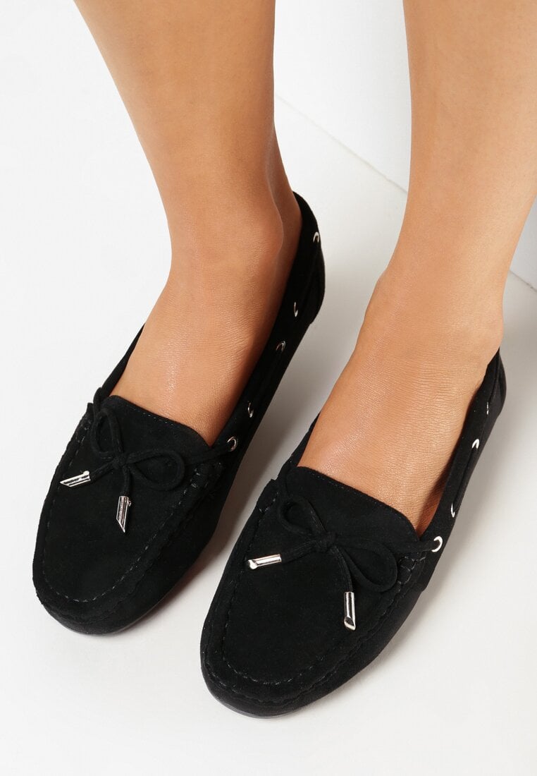 Mocasini Negri pe talpă plată cu fundiță Ariteia