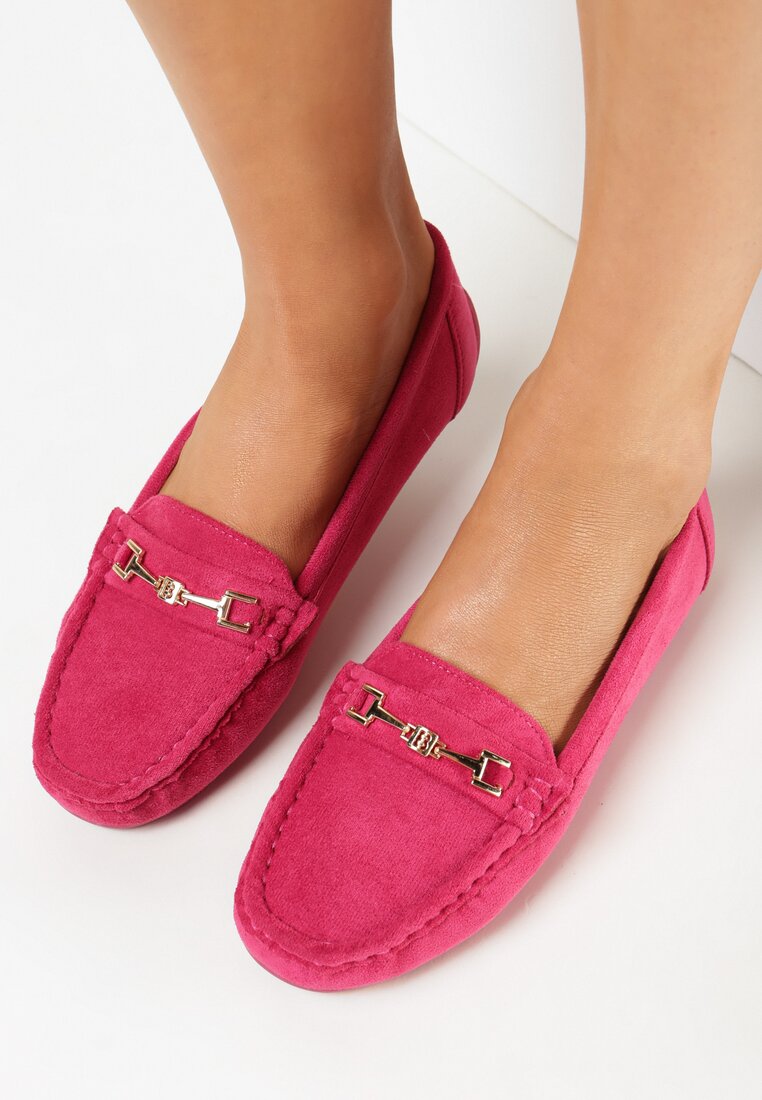 Mocasini Fucsia din Imitație de Antilopă cu Ornament Metalic Gelalline