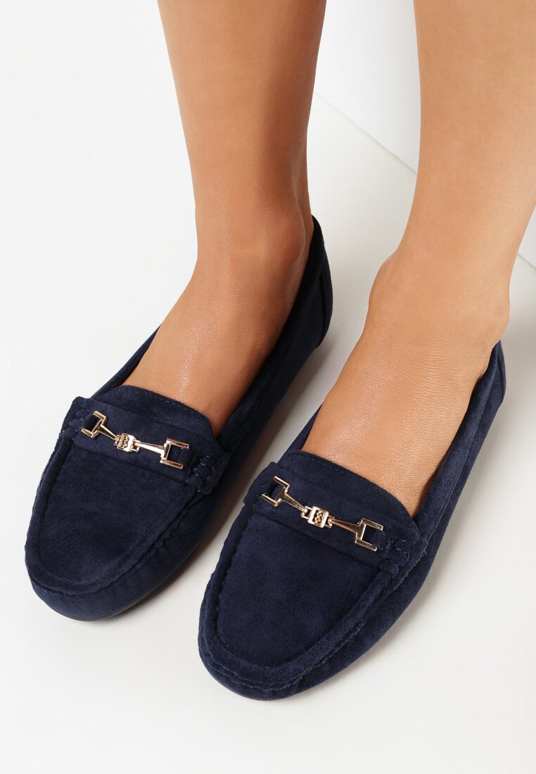 Mocasini Bleumarin din imitație de piele întoarsă cu ornament metalic Gelalline