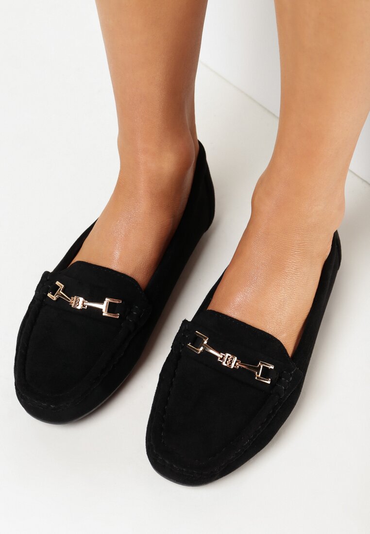 Mocasini Negri din imitație de piele întoarsă cu decorațiune metalică Gelalline