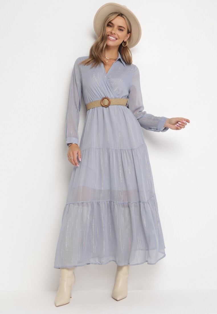 Rochie Albastru deschisă cu Decolteu plic și Curea împletită Dirmi