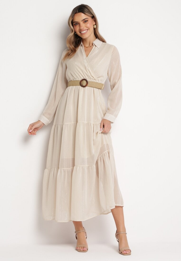 Rochie Bej deschis cu Decolteu petrecut și Curea Împletită Dirmi