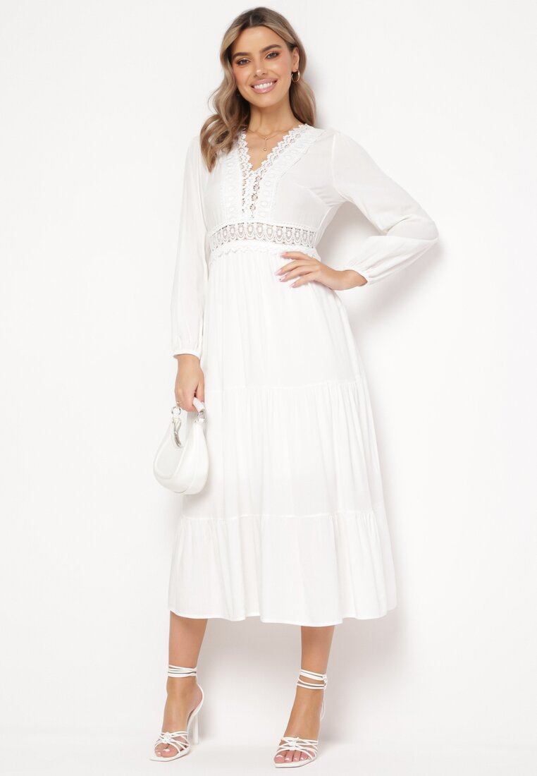Rochie Albă Cloș cu Dantelă Brightyn