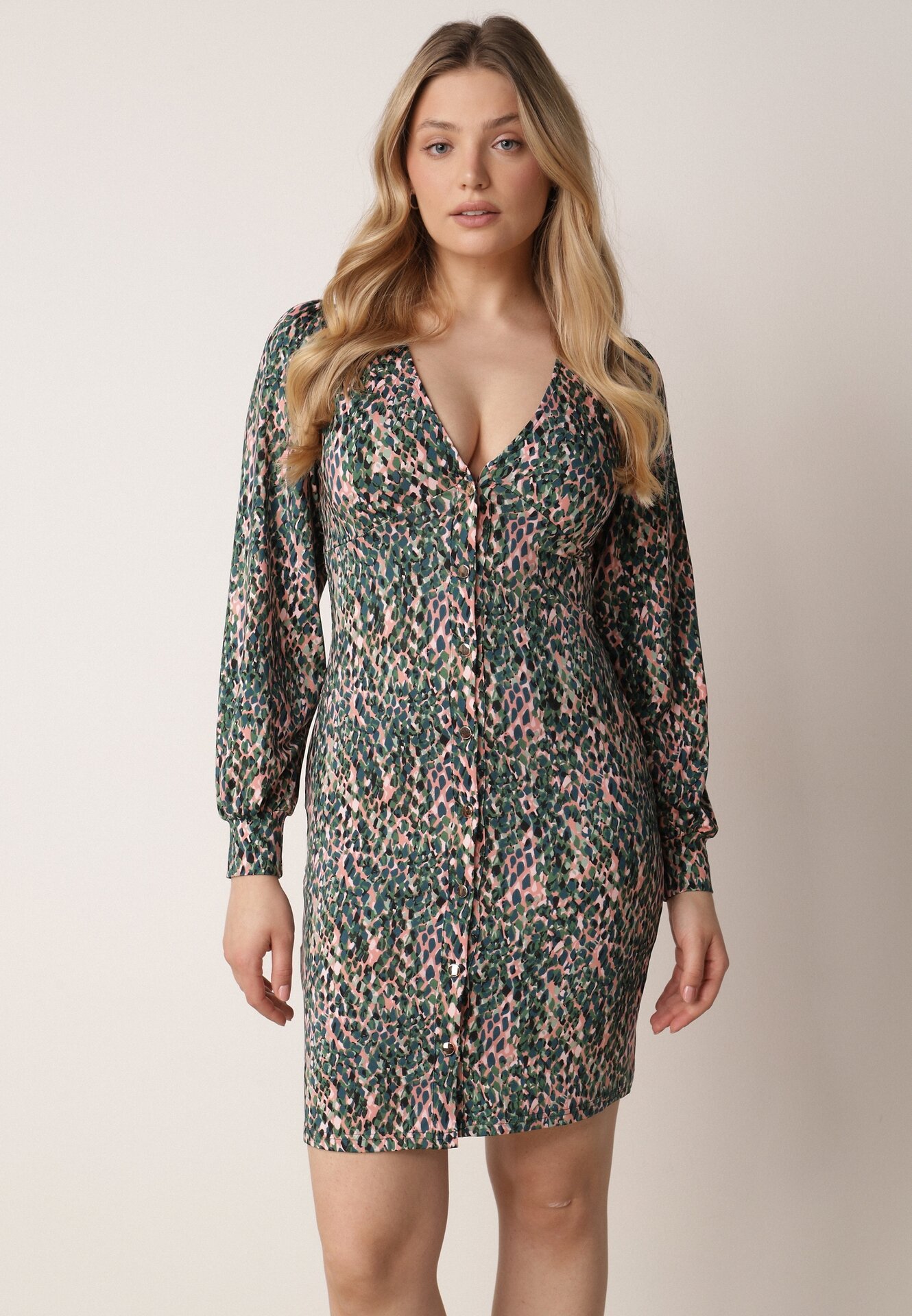 Rochie Verde Mini cu nasturi și Mâneci lungi cu manșete Cynandia