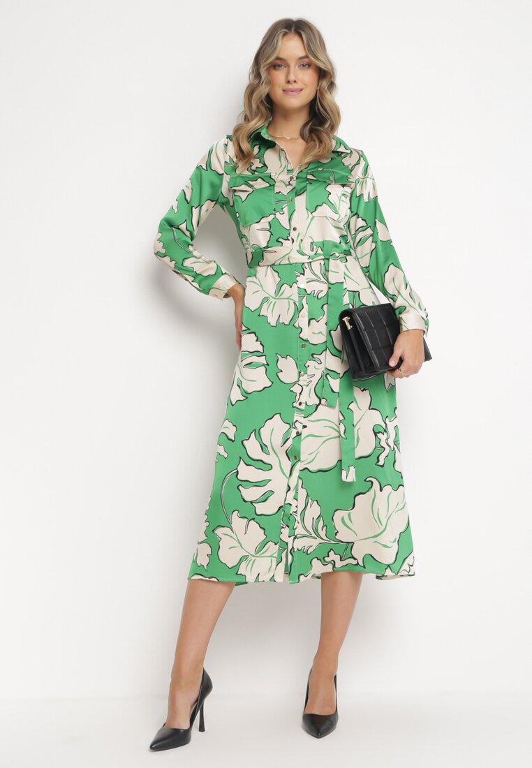 Rochie Verde Cămașă cu Nasturi cu Flori Mivy