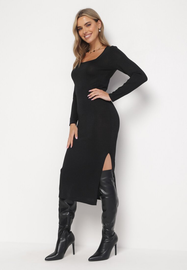 Rochie Neagră Mulată cu Fir metalic și Fentă Telor