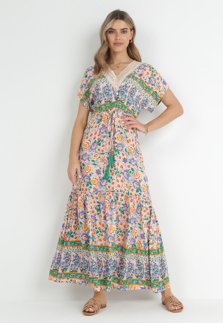 Rochie Roz-Albastră Maxi cu nasturi și decolteu din dantelă Cristyn