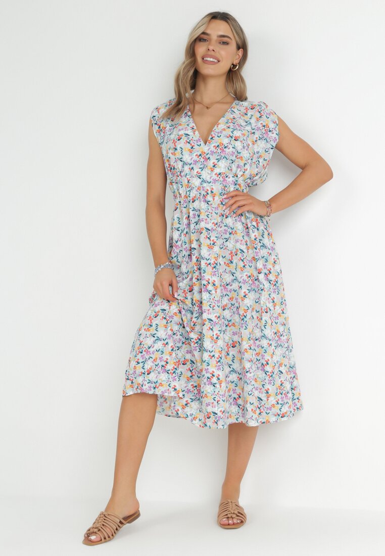 Rochie Midi Albastră cu Elastic în Talie și Legătură Decorativă la Spate Jeve