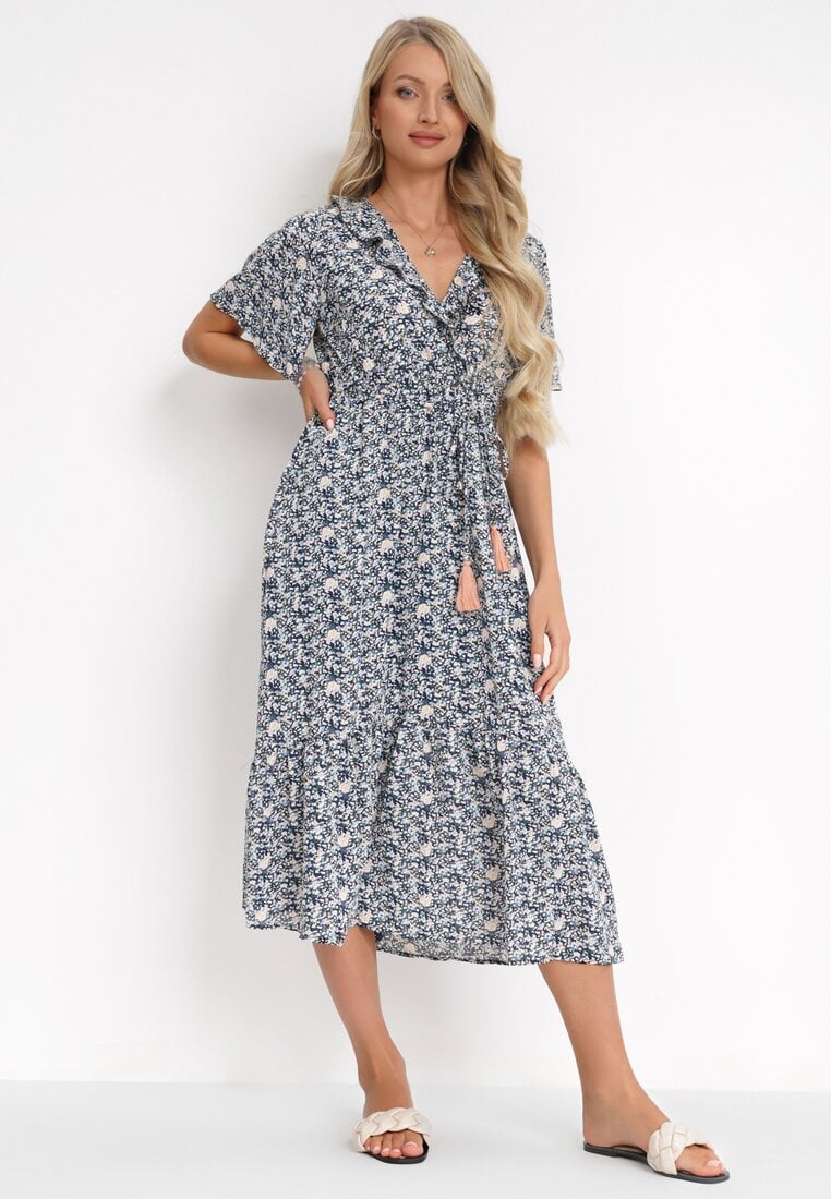 Rochie bleumarin cu elastic în talie și decolteu petrecut cu volane Kyphine