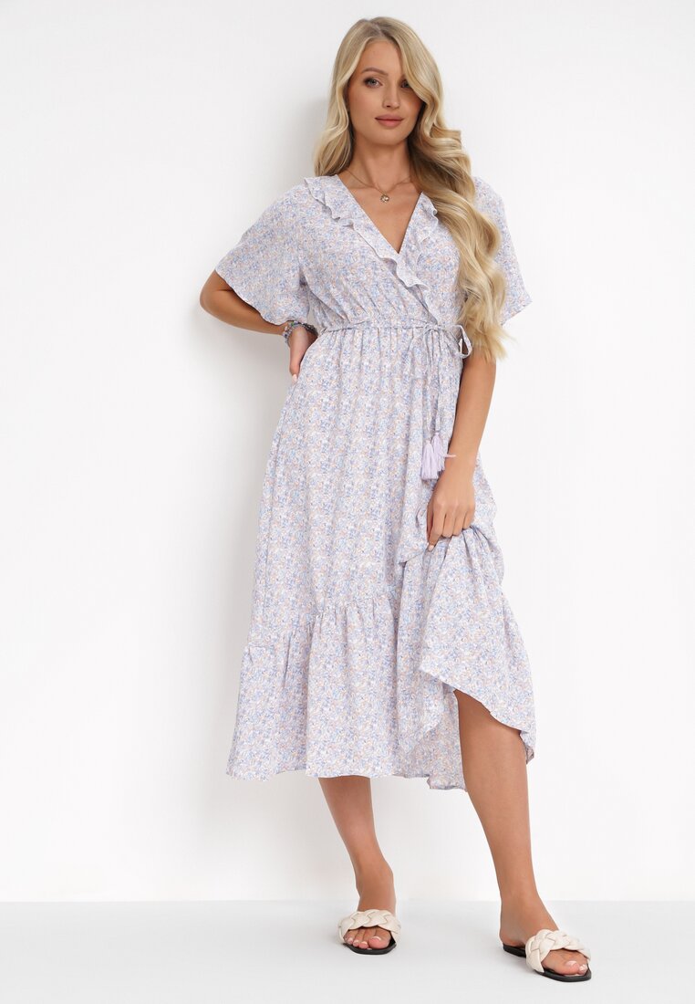 Rochie Albastru Deschis cu elastic în talie și decolteu petrecut cu volane Kyphine