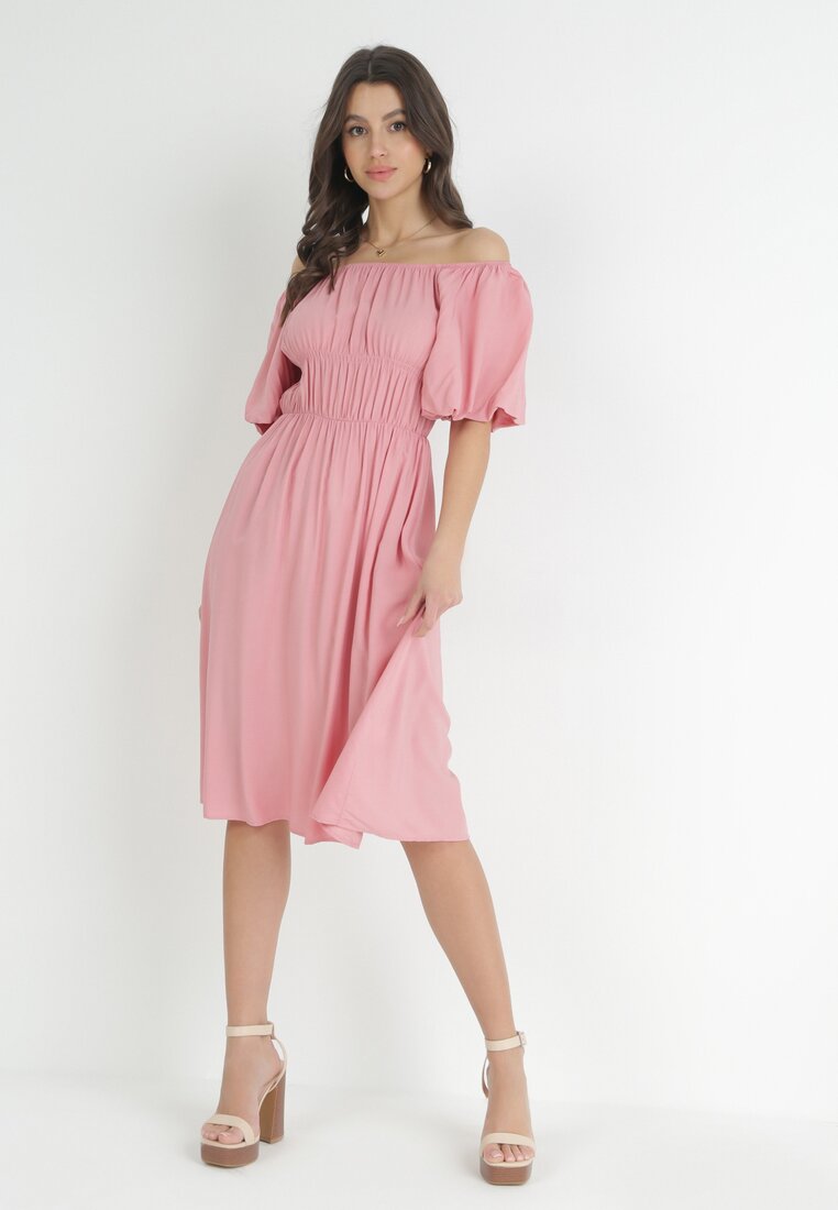 Rochie Roz Evazată Stil Spaniol cu elastic în talie din viscoză Lussire